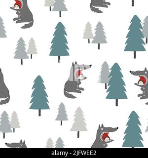 Modello fiabesco senza cuciture Red Riding Hood. Wolf inghiottì la bambina. Sfondo vettoriale. Illustrazione Vettoriale