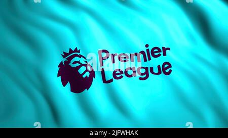 Animazione della bandiera mobile della Premier League. Movimento. Bella 3D tela di bandiera ondeggiante del calcio della Premier League. Bandiera con emblema dell'inglese Premier Foto Stock