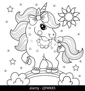 Simpatico unicorno sull'arcobaleno. Disegno lineare in bianco e nero. Vettore Illustrazione Vettoriale