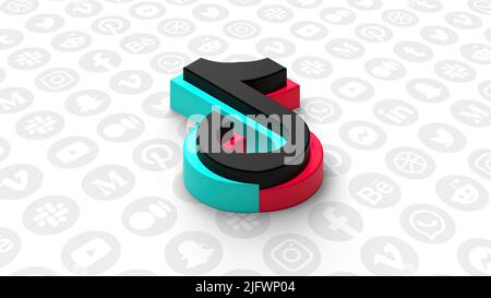 L'icona tik tok. Sfondo Motion.White con una nota al centro . Il segno di una rete sociale in astrazione. Riprese a 4K° di alta qualità Foto Stock