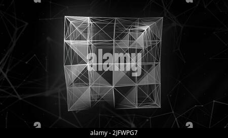 Abstract 3D cubo di materia plesso su sfondo blu. Movimento. Trasformazione della forma cubica di linee e punti Foto Stock