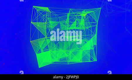 Bella superficie poligonale astratta blu e verde che si muove nell'animazione. Movimento. Triangoli luminosi che creano 3D cubi Foto Stock
