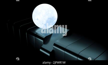 3D rotoli di sfere incandescenti sulla superficie. Design. Il modello di luna rotola su una superficie scura. La sfera luminosa si muove lungo i quadrati rotanti. Foto Stock