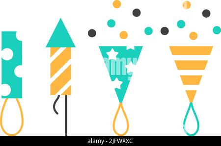 Le icone a linea piatta del firecracker sono impostate in bianco Illustrazione Vettoriale