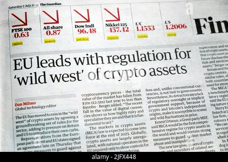 "L'UE è all'avanguardia con la regolamentazione per il "wild West" delle cripto-attività" articolo del giornale Financial Guardian sulla valuta criptata il 2 luglio 2022 Londra UK Foto Stock