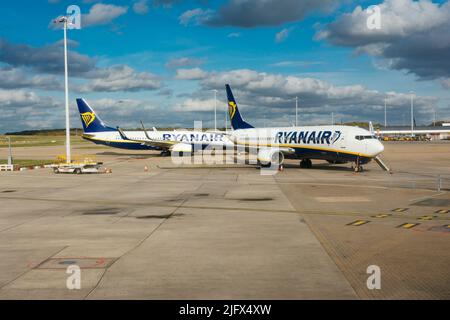 Due aerei Ryanair parcheggiati all'Aeroporto Stansted di Londra. London Stansted Airport è un aeroporto internazionale che si trova a Stansted Mountfitchet, Uttlesford Foto Stock
