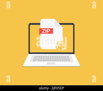 Computer portatile e scaricare file ZIP, file ZIP documento su schermo logo design. Scarica il disegno vettoriale del pulsante zip e l'illustrazione. Illustrazione Vettoriale