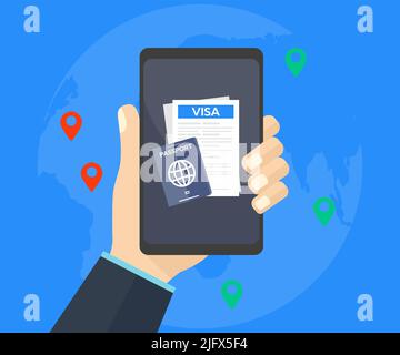 Applicazione Visa sul logo dello schermo dello smartphone. Appunti con modulo di richiesta del visto, passaporto, mappa dei pin, penna e computer portatile. Viaggi nel mondo, turismo. Illustrazione Vettoriale