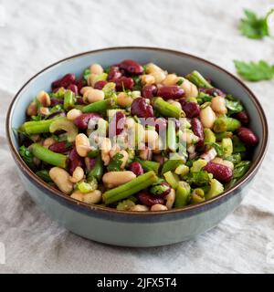 Insalata di tre fagioli fatta in casa in una ciotola, vista laterale. Primo piano. Foto Stock