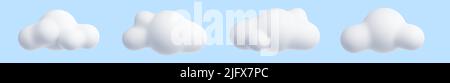 Set di rendering fumetto bianco 3D - morbide nuvole a forma rotonda su sfondo pastello blu. Foto Stock