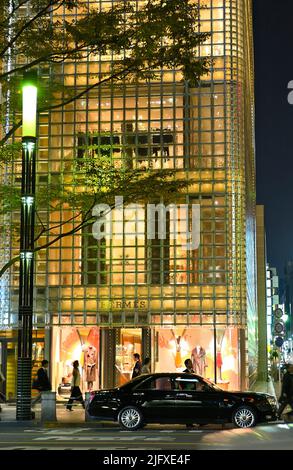 Il lussuoso negozio Hermes nel famoso quartiere Ginza al crepuscolo, Tokyo JP Foto Stock