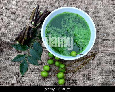 Neem foglie, frutta e rami su tessuto di iuta sfondo. Succo di erbe medicinali Neem in ciotola. Medicina ayurveda liquida di Neem. Materia prima ayurvedica. Foto Stock