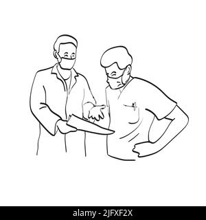 medici e colleghi in maschera medica di lavoro e utilizzando grafico vettore illustrazione disegnato a mano isolato su sfondo bianco Illustrazione Vettoriale