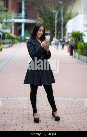 donna d'affari che scrive al telefono Foto Stock