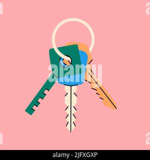 Un gruppo di chiavi diverse con portachiavi ad anello. Tasti colorati disegnati a mano. Chiavi moderne. Modello di poster dell'illustrazione della sicurezza domestica Illustrazione Vettoriale