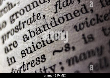 Definizione di suicidio parola sulla pagina del dizionario, primo piano Foto Stock