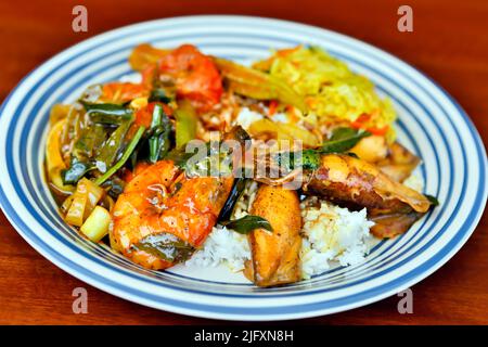 Il Nasi kandar è un popolare piatto malese del nord, che proviene da Penang. Si tratta di un pasto di riso al vapore che può essere semplice o leggermente aromatizzato, un Foto Stock