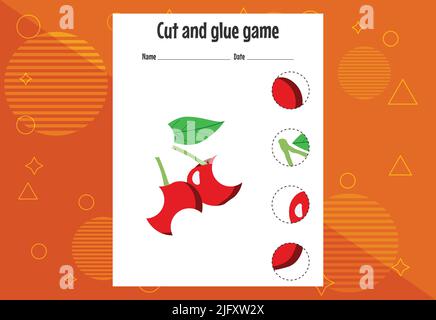 Gioco di taglio e colla per bambini con frutta. Pratica di taglio per i preschoolers. Pagina formazione Illustrazione Vettoriale