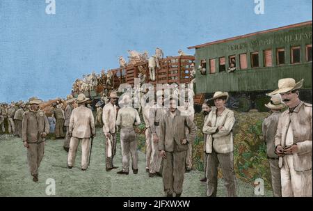 Guerra d'indipendenza cubana (1895-1898). Isola di Cuba. Treno militare che guida le truppe. Incisione. Successiva colorazione. La Ilustración Española y americana, 1898. Foto Stock