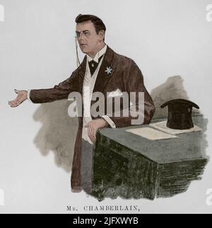 Joseph Chamberlain (1836-1914). Politico britannico. Difensore dell'imperialismo nella politica estera. Chamberlain, Segretario di Stato per le colonie, ha pronunciato il suo famoso discorso a Birmingham il 12 aprile 1898, nel quale ha parlato dell'alleanza dell'Inghilterra con gli Stati Uniti. Fotoincisione. Successiva colorazione. La Ilustración Española y americana, 1898. Foto Stock