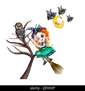 Acquerello carino illustrazione di Halloween strega che vola su un broomstick, albero con gufo, isolato su sfondo bianco. Halloween notte con pipistrelli e luna Foto Stock