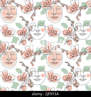 Disegno senza giunture con una sola linea di faccia femminile, fiori di orchidea e foglie verdi astratte Illustrazione Vettoriale