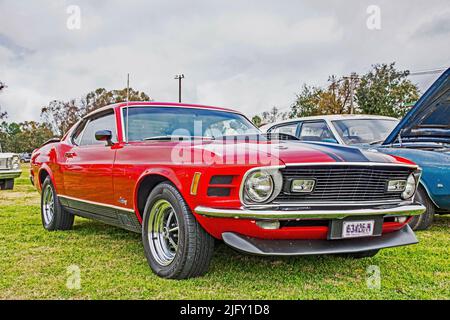 A Red 1970 Ford Mustang Mach 1 .at Manilla Showground Australia. Foto Stock