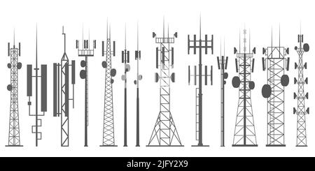 Set di torri mobili. Rete Internet. Antenne radio e strutture di comunicazione cellulare. Illustrazione del contorno della silhouette vettoriale. Illustrazione Vettoriale