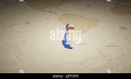 Mappa del Cile con bandiera sulla mappa del mondo sfondo 3D rendering. Foto Stock