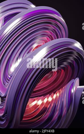 3D rendering. Modello di forma dinamico e ritorto. Elementi geometrici motivi olografici linee curve con sfondo scuro Foto Stock