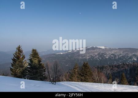 Vista del Ballon d'Alsace dal Ballon de Servance durante l'inverno a Vosges, Francia Foto Stock