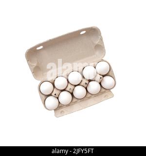 Dieci uova di pollo in contenitore di cartone, confezione isolata su bianco, vista dall'alto Foto Stock