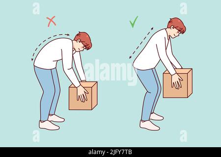 Tecnica corretta per il sollevamento di pacchi pesanti. Man lift box wrong and right. (Centralina sollevatore manuale errata Back Health safety concept. Illustrazione vettoriale piatta. Illustrazione Vettoriale