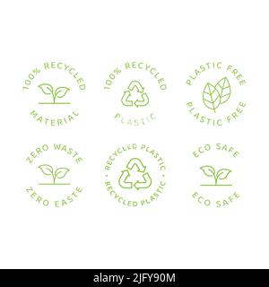 Eco-sicuro, nessun spreco e materiale riciclato. Set di etichette vettoriali, senza plastica, ecologico con ciclo fogliare. Illustrazione Vettoriale