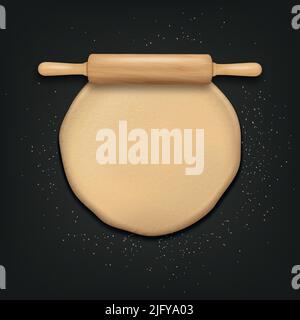 Vector 3D Realistic Raw Bread, Pizza Rolled Pasticceria, Rolling pin, Rolling Roller. Impasto, farina. Dima per cottura, pizza, biscotti Illustrazione Vettoriale