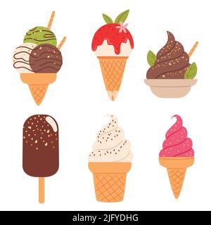 Raccolta di deliziosi gelati di diversi tipi isolati su sfondo bianco. Set di deliziosi dessert cremosi surgelati. Illustratio stile cartoon Illustrazione Vettoriale