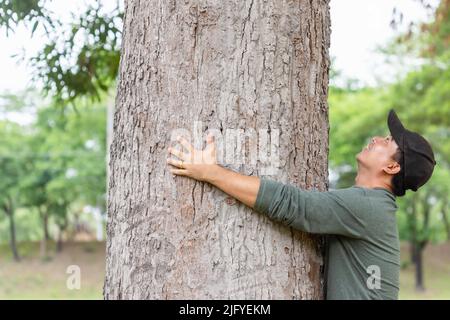 Albero abbracciante. Uomo asiatico che dà un abbraccio su grande albero di mango. Prendersi cura della terra, albero d'Amore e natura o concetto di ambiente Foto Stock