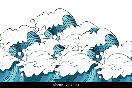 Disegno a mano stile Tsunami onda grande blu mare onda in stile sketchy vettore illustrazione disegno su sfondo bianco Illustrazione Vettoriale