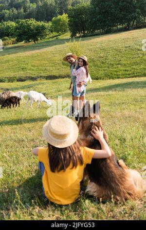 i coltivatori felici in cappelli di paglia che mandano bestiame vicino alla figlia sfocata con il cane del bestiame Foto Stock