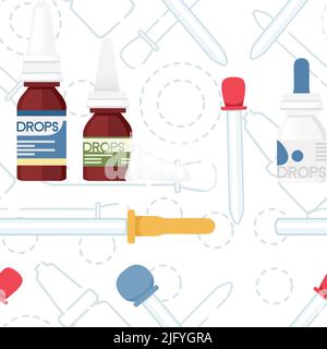 Pattern senza cuciture farmaci con diverse gocce e pipette illustrazione vettoriale per trattamento a freddo su sfondo bianco Illustrazione Vettoriale