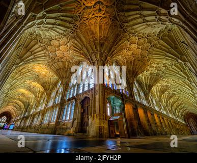 I chiostri molto eleganti della Cattedrale di Gloucester mostrano i suoi archi e anche la sua architettura molto intricata e unica. Foto Stock