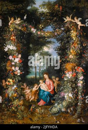 Jan Breughel il giovane, la Vergine col Bambino con il Bambino San Giovanni Battista circondato da Garland e covoni di frutta e fiori, dipingendo in olio su pannello, prima del 1678 Foto Stock
