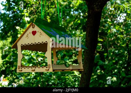 Piccola birdhouse in legno con un tetto verde è appeso sull'albero in un parco. Per ora è vuoto, ma ora gli uccelli sono sulla strada. Foto Stock