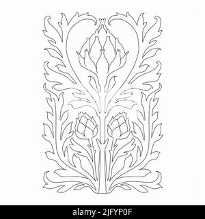 Rami d'albero vintage disegnati con foglie e fiori su sfondo bianco. Illustrazione Vettoriale