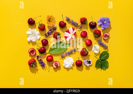 Frutti di ciliegia in un vivace clima estivo su sfondo giallo chiaro Foto Stock