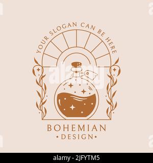 Pozione boho logo. Emblema alla moda per la guarigione botanica, aromaterapia, oli essenziali, erbe medicinali, omeopatia, Prodotto di bellezza naturale, ecc Vector Illustrazione Vettoriale