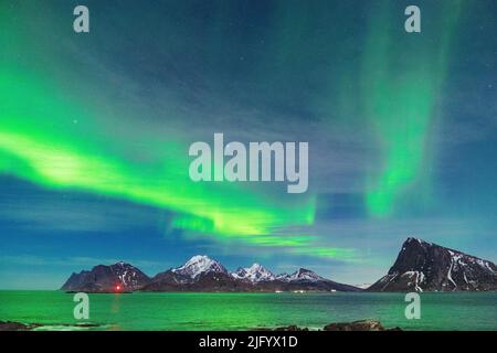 Cielo stellato con Aurora Borealis (aurora boreale) sulle montagne e sul mare freddo, Myrland, Leknes, Vestvagoy, Isole Lofoten, Norvegia, Scandinavia Foto Stock