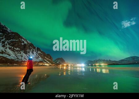 Escursionista con torcia di testa guardando l'aurora boreale (aurora boreale) in piedi sulla spiaggia di Ramberg, contea di Nordland, Isole Lofoten, Norvegia, Scandinavia Foto Stock