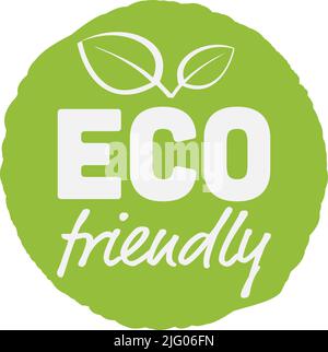 Etichetta verde ECO FRIENDLY o cartello con foglie isolate su bianco, illustrazione vettoriale Illustrazione Vettoriale