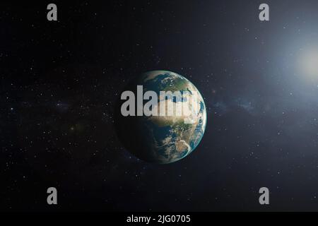 Terra nello spazio. Vista del pianeta Terra dallo spazio. 3D modello della vista Terra. Pianeta blu per carta da parati. Foto Stock
